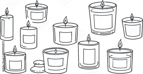 Minimalist black and white vector illustration of various candles for home decor and relaxation concepts