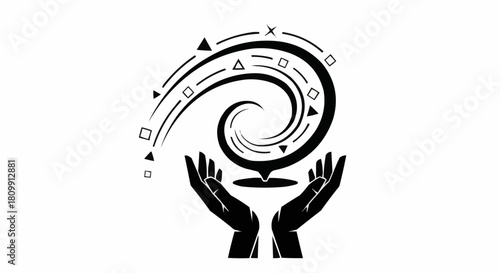 Mystical hands holding swirling energy with geometric shapes and symbols.
