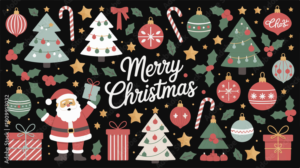 Fototapeta premium Merry Christmas Greeting with Santa and Festive Elements