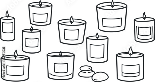 Minimalist black and white vector illustration of various candles in different shapes and sizes for home decor and design projects