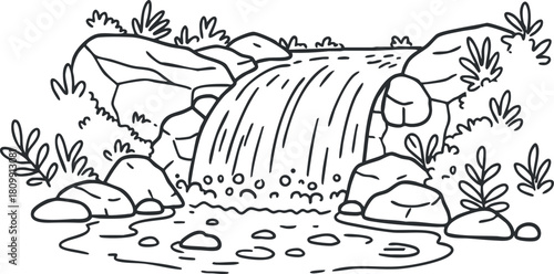 Line art illustration of a serene waterfall surrounded by rocks and lush plants, perfect for nature-themed designs
