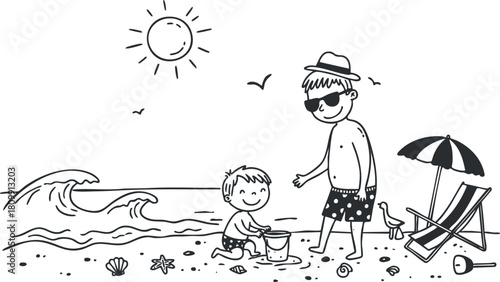 Playful black and white vector illustration depicting a parent and child enjoying a day at the beach, perfect for summer-themed projects