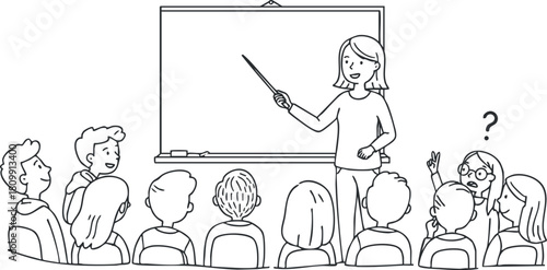 Illustration of a teacher presenting in a classroom setting, engaging students with a pointer at a whiteboard