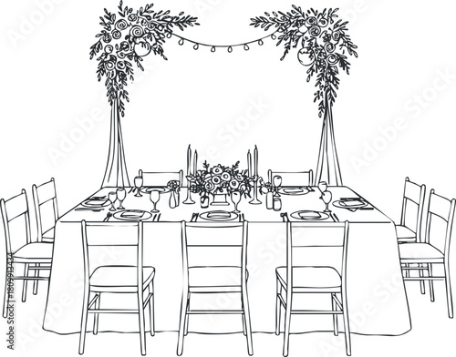 Elegant outline vector illustration of a beautifully set dining table for a wedding or special event