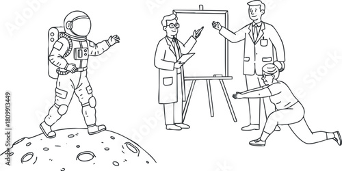 Monochrome vector illustration depicting an astronaut on the moon presenting a scientific concept to researchers in a collaborative setting