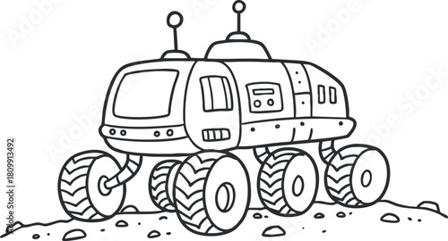 Outline illustration of a futuristic rover vehicle designed for space exploration and planetary travel