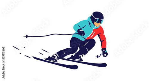 Dynamic illustration of a person skiing downhill on a snowy mountain slope.