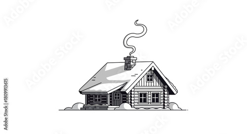 Illustration of a cozy log cabin with snow on the roof and smoke from the chimney.