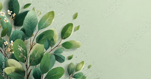 Green Leaves and Flowers Arranged on a Simple Background for a Serene and Nat...