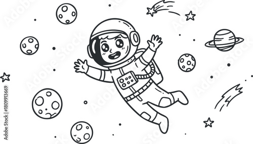 Playful vector illustration of a child astronaut floating in space with planets and stars, perfect for educational and creative projects