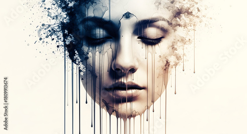 Ethereal Portrait Woman Dissolving into Cosmic Dust of Tranquility and Dream