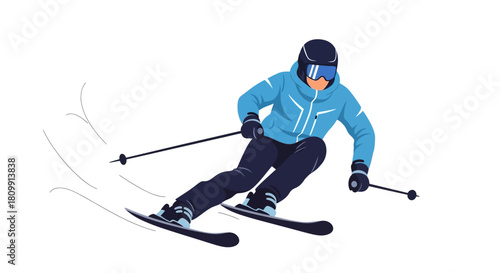 A person skiing down a snowy slope, wearing winter sports attire, enjoying the outdoor activity.