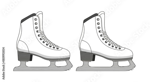 Pair of white figure skates with gray blades and laces.