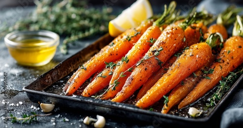 Roasted Carrots With Herbs and Garlic Served on a Dark Stone Table