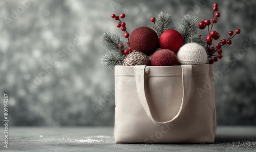 Holiday Decoration Bag Filled With Festive Ornaments and Greenery for Winter ...