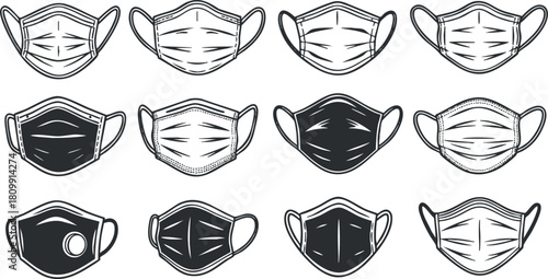 Outline vector illustration set of various face masks for health and safety concepts in modern design projects