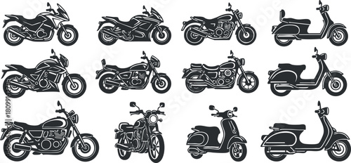 Collection of black and white vector illustrations featuring various motorcycles and scooters for transportation and design projects