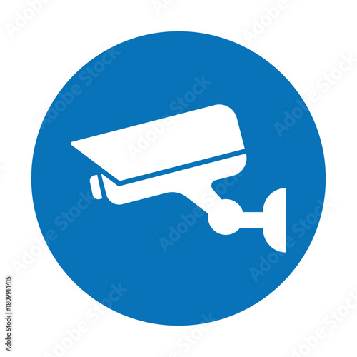 White security camera icon in blue circle, video surveillance, CCTV sign, monitoring, home safety protection, fixed CCTV, security camera blue icon, vector template illustration.