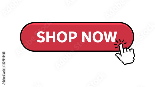 Shop now button with clicking mouse cursor, call to action for online shopping, e-commerce interface element, isolated graphic for web design