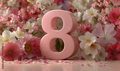 Beautiful Pink Number Eight Surrounded by Spring Flowers for a Special Celebr...