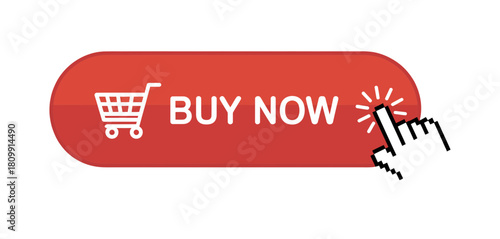 Buy now" button with shopping cart icon and pixelated cursor hand clicking, illustrating online shopping, e-commerce, and a clear call to action.