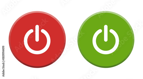Red and green circular power buttons with white universal on/off symbols, side by side, representing status, choice, and control elements.