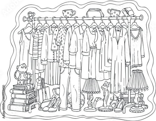 Detailed line art illustration of a clothing rack filled with various garments, shoes, and accessories for fashion enthusiasts