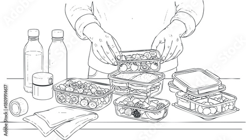 Outline vector illustration of healthy meal prep with food containers, fruits, and vegetables for meal planning and organization