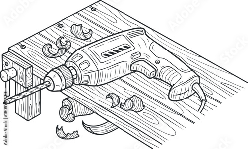 Detailed line art vector illustration of a drill on a wooden surface, ideal for woodworking and DIY projects.