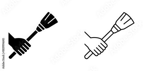 Hand holding a broom icon, representing cleaning, sweeping, household chores, maintenance, domestic work, hygiene, tidiness, and labor