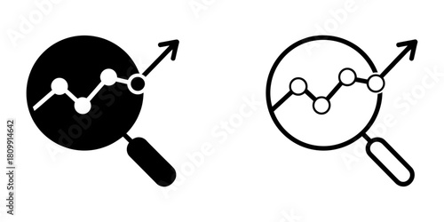 Analyzing business trends and financial growth with a magnifying glass over a rising line graph icon, representing market research and data inspection.