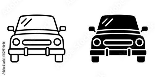 Front view car icon set. outline and solid glyph style car symbols for web, ui, mobile app design, transportation, travel, ride-sharing apps.