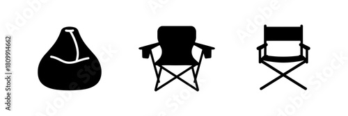 Seating options icon set featuring a comfortable bean bag, a practical folding camping chair, and a classic portable director's chair silhouette