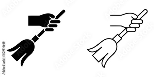 Hand holding a sweeping broom icon, black solid pictogram and outline thin line design illustration, simple flat vector symbol for cleaning service and halloween