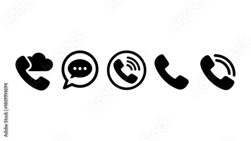 Set of communication icons including cloud call, chat message, incoming call, phone receiver, and active telephone symbols for digital interfaces