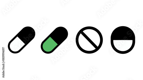 Minimalist black, white, and green pill and capsule icons, with a clear prohibition symbol, perfect for health applications, medical ui, and dosage needs.