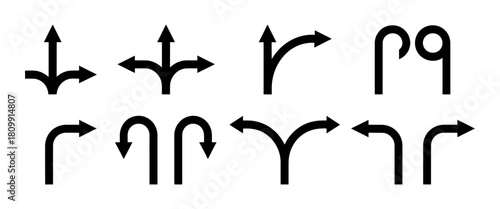 Collection of diverse black arrow icons pointing in multiple directions, indicating turns, forks, merges, and essential navigation choices for clear ui.