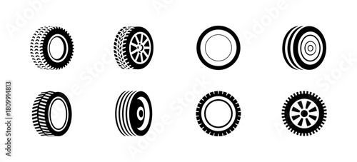 Collection of diverse black and white tire icons and wheel symbols, featuring various tread patterns and rim designs for automotive graphics, vehicle parts, transportation, and industrial concepts