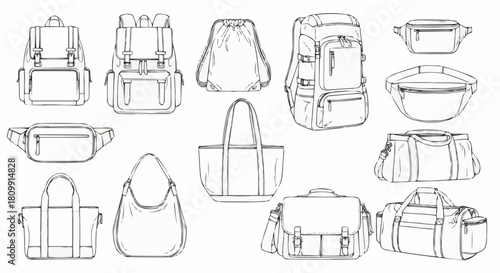 Collection of Various Bag Designs in Line Art Style.