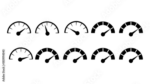 Speedometer icons set displaying various levels from low to high, symbolizing performance, measurement, progress, and indicators for web, ui, and infographic designs