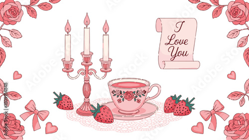 Romantic Valentine's Day scene with tea and roses love