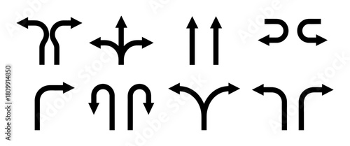 Collection of diverse black arrow symbols on a clean background, representing directions, choices, navigation, merges, and decision making processes