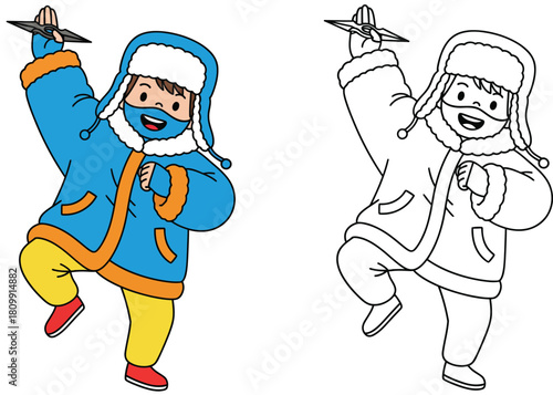 Cute boy in winter parka and fur hat holding a ninja star toy Vector illustration isolated on white background