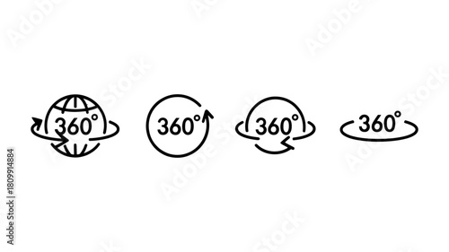 Set of 360 degree view icons, illustrating panoramic, virtual reality, and spherical content. modern graphic symbols for immersive experience and rotation