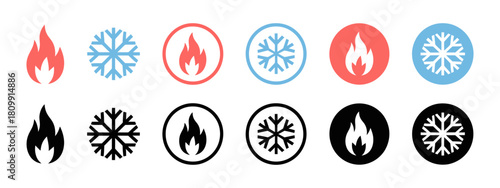 Diverse temperature and weather icons: flame and snowflake symbols in red, blue, black. featuring solid and outline styles for heating and cooling concepts and indicators.