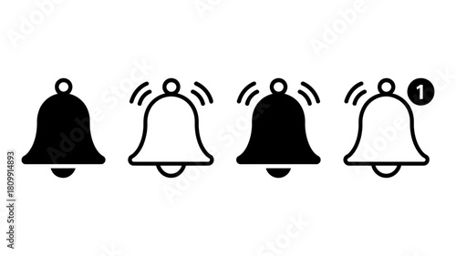 Bell notification icons for digital alerts. reminder symbols for apps, websites, and social media, showing ringing, silent, and unread count for announcements.