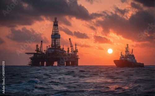 Sunset Over Oil Rig and Ships at Sea Creating a Serene Maritime Scene