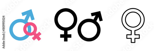 Gender symbols, male and female icons representing identity, sex, equality, diversity, and human relationships in various graphic styles.