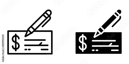 Check payment icon set with pen signing a financial document, representing banking, transaction, and money management concepts