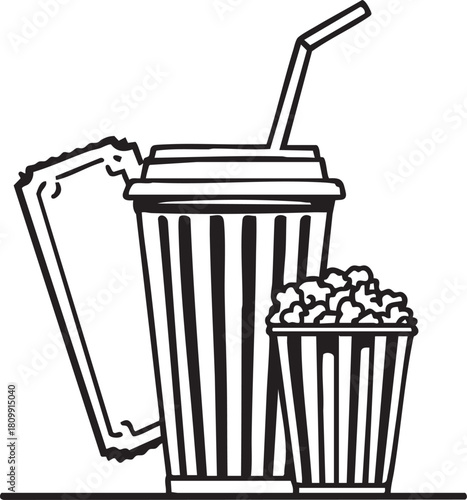 Movie theater snack vector with striped drink cup, popcorn container, and tickets for cinema, entertainment, and film themes